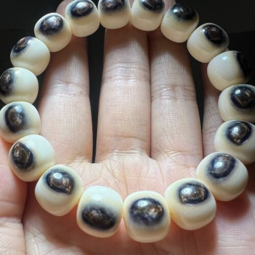 WW-JL14-001-antelope-horn-eye-pattern-bracelet Antelope horn barrel-cut bracelet with natural dark eye-pattern inclusions on each bead, held in palm