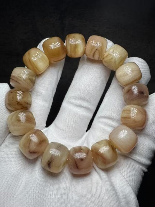 Natural yellow chalcedony barrel-cut bracelet, honey amber tones, hand-polished beads on white cloth
